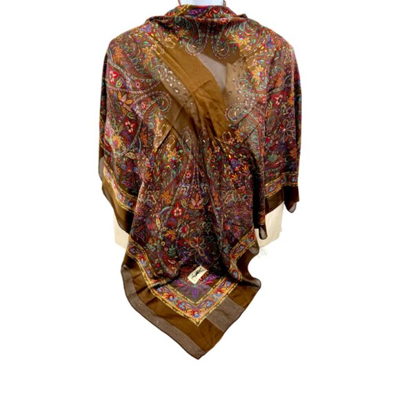 Yves Saint Laurent 100% SilkChiffon/Satin Scarf 42" Brown Red Green Floral ( 29 - Picture 1 of 15